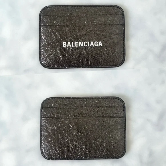 BALENCIAGA LOGO Metallic Silver Leather Credit Card Cash Cardholder Wallet NEW - Picture 1 of 14